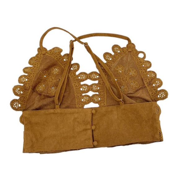 HONEY Punch Vintage Suede Crochet Cut-Out Festival Bralette Criss-Cross Back - Picture 4 of 9
